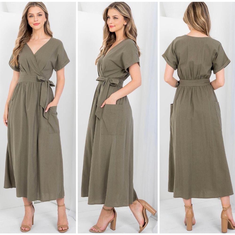 LAST ONE❗ILLA ILLA Chic Olive Surplice Wrap Around Midi Dress - Picture 9 of 10